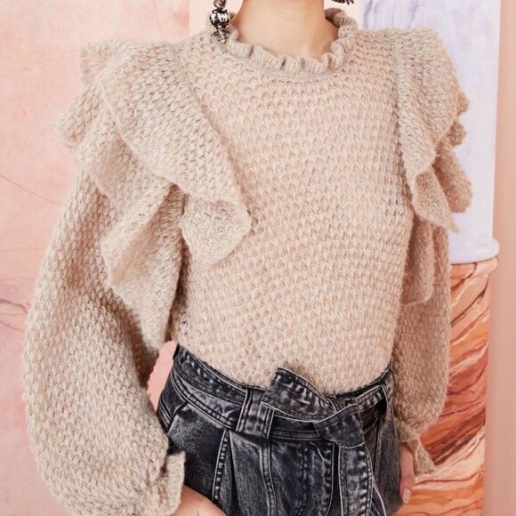 ULLA JOHNSON Camilla Ruffle Alpaca Pullover Knit Sweater in Oatmeal sz XS - Picture 1 of 16